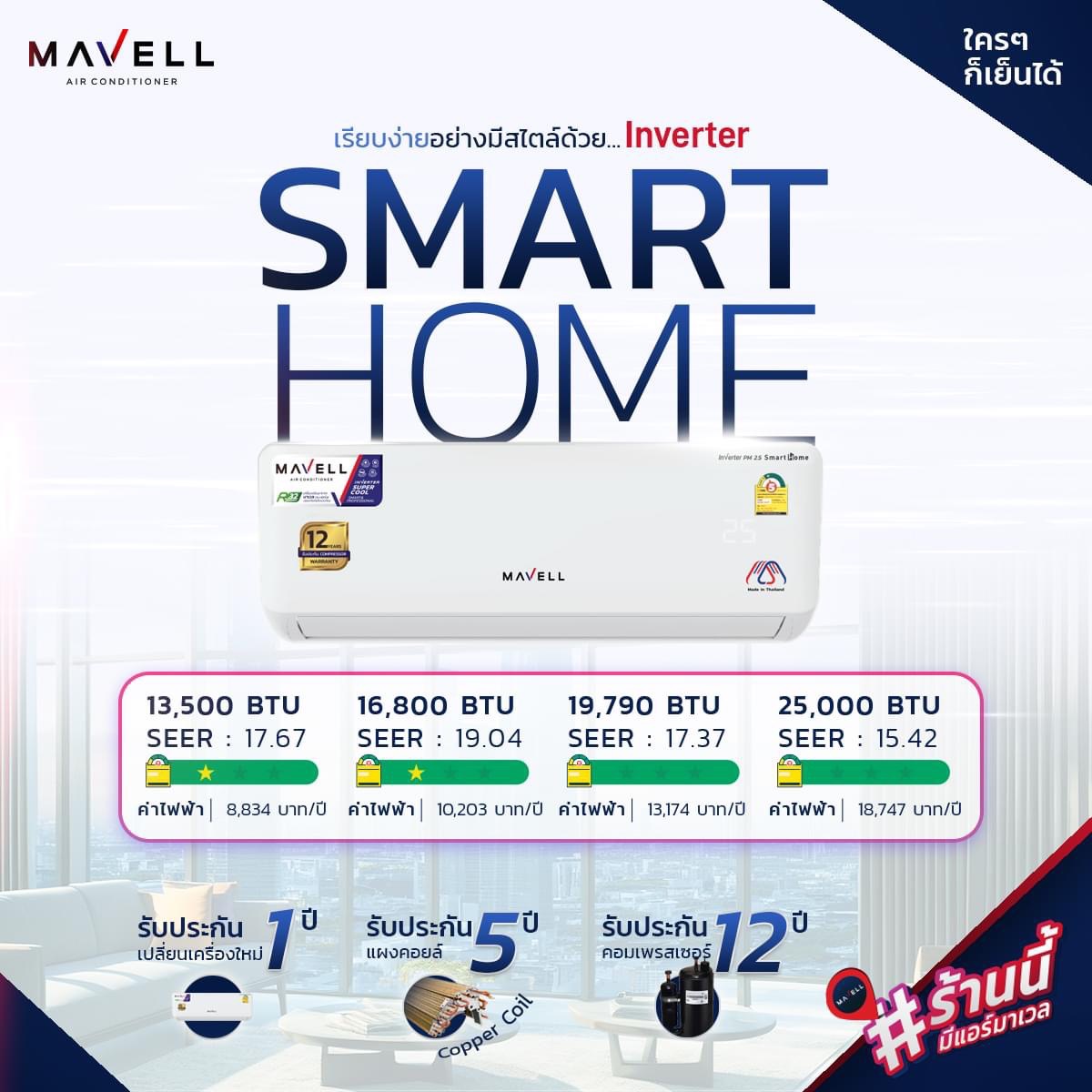 แอร์ Mavell Inverter PM2.5 Smart Homeแอร์ใหมล่าสุดปี 2024 น้ำยา R32 รับประกันอะไหล่ 5 ปี คอมเพลสเซอร์ 12 ปี รับประกันเปลี่ยนเครื่องใหม่ภายใน 1 ปี